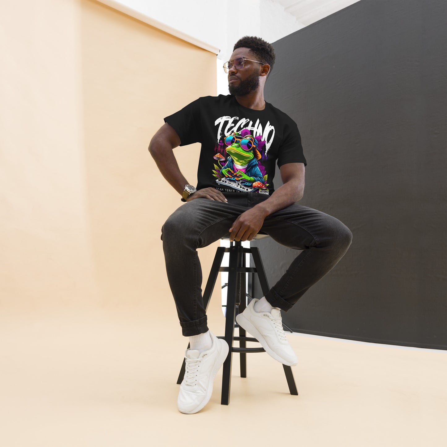 Techno Frog EDM Clothing laid flat to showcase neon print