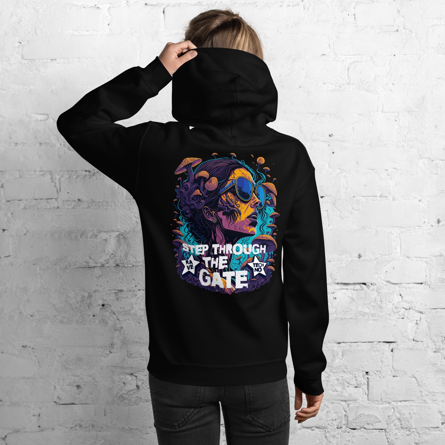 Techno Hoodie futuristic graphic close-up