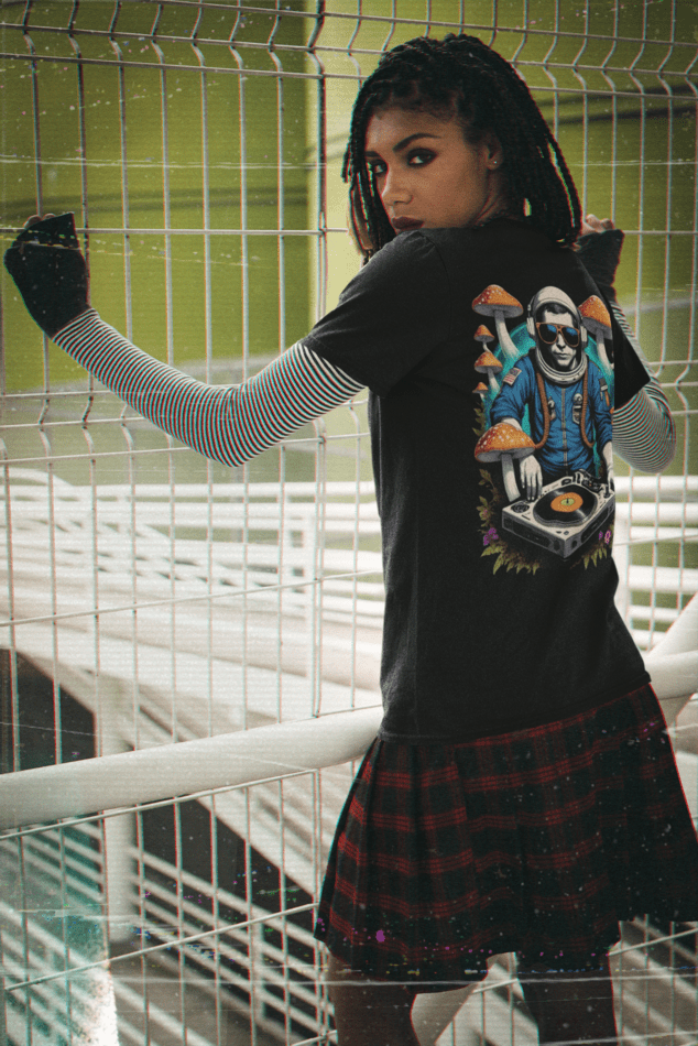 Trance Wear DJ Astronaut T-Shirt mockup with rave streetwear style