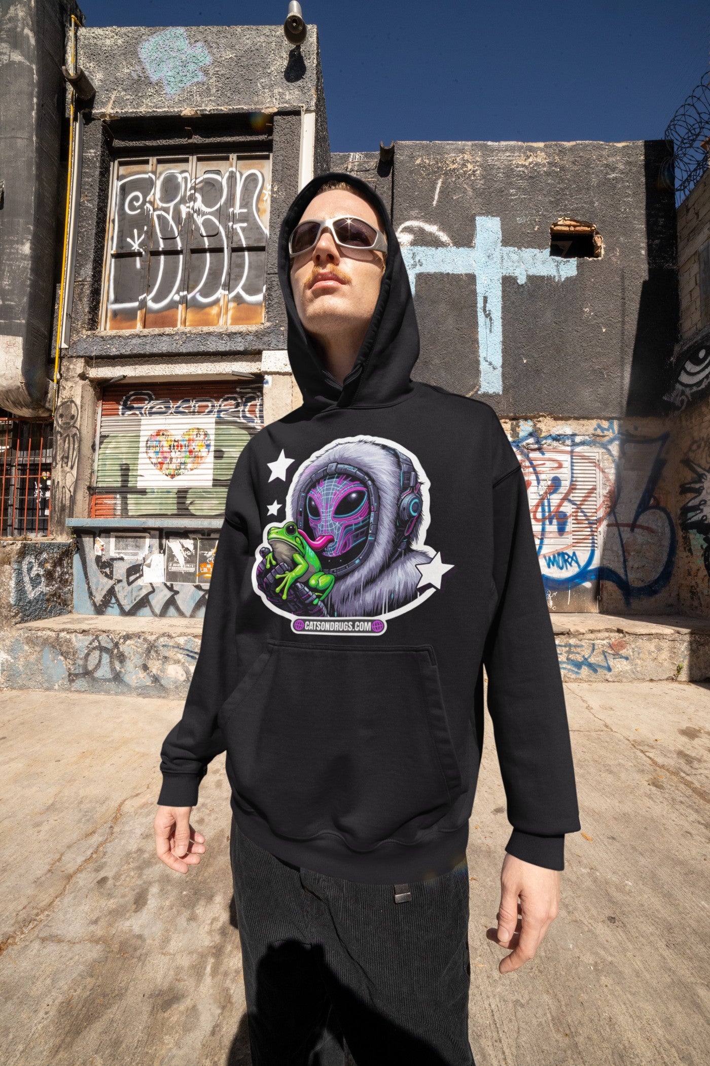 Trippy Clothing hoodie displayed flat with vibrant cosmic frog graphic