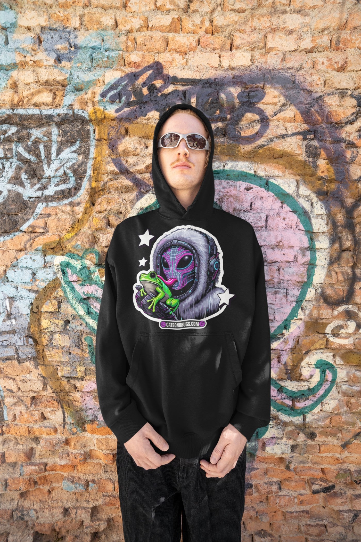 Trippy Clothing hoodie side profile showing hood and sleeve details