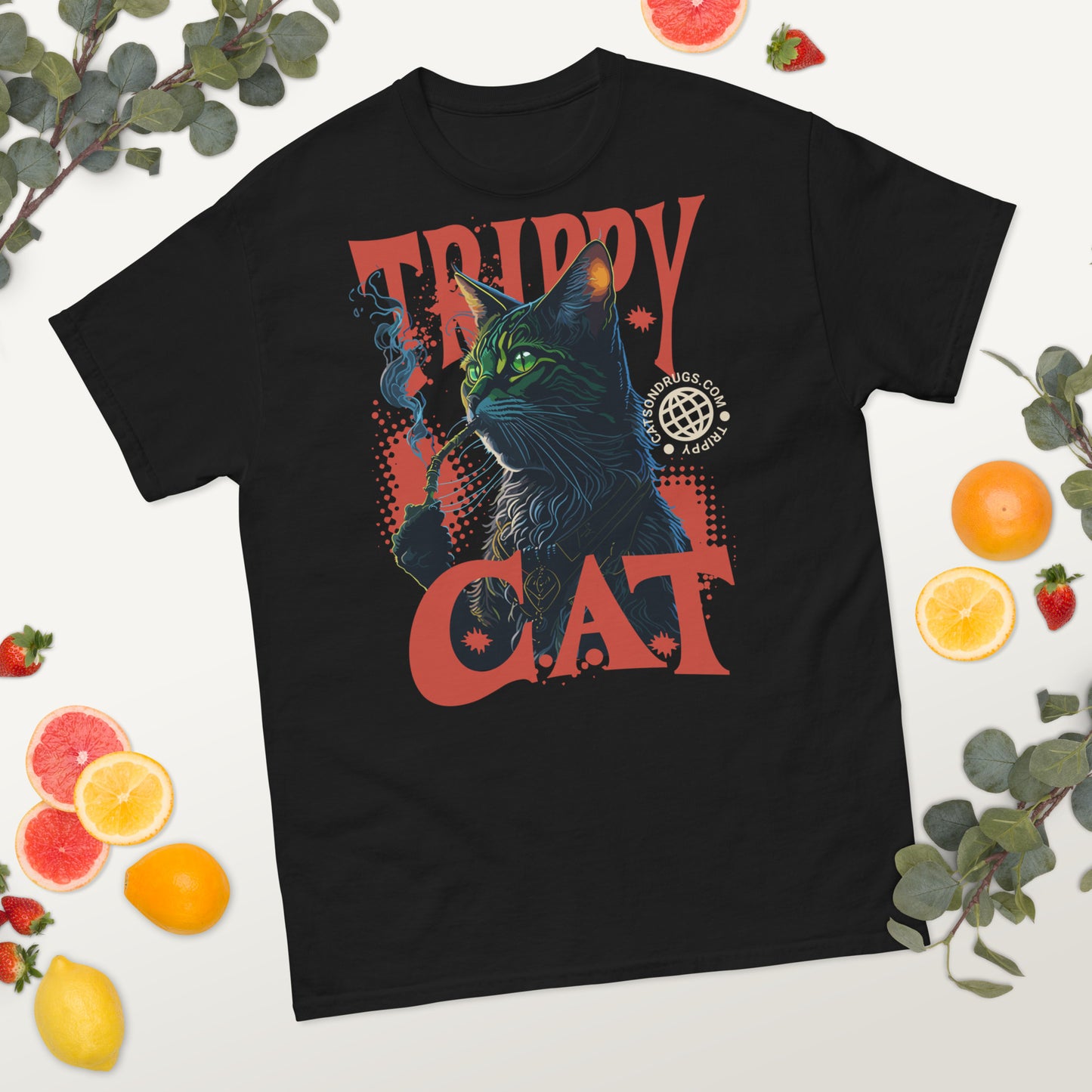 Trippy Tee Cat Psychedelic paired with glow-in-the-dark accessories