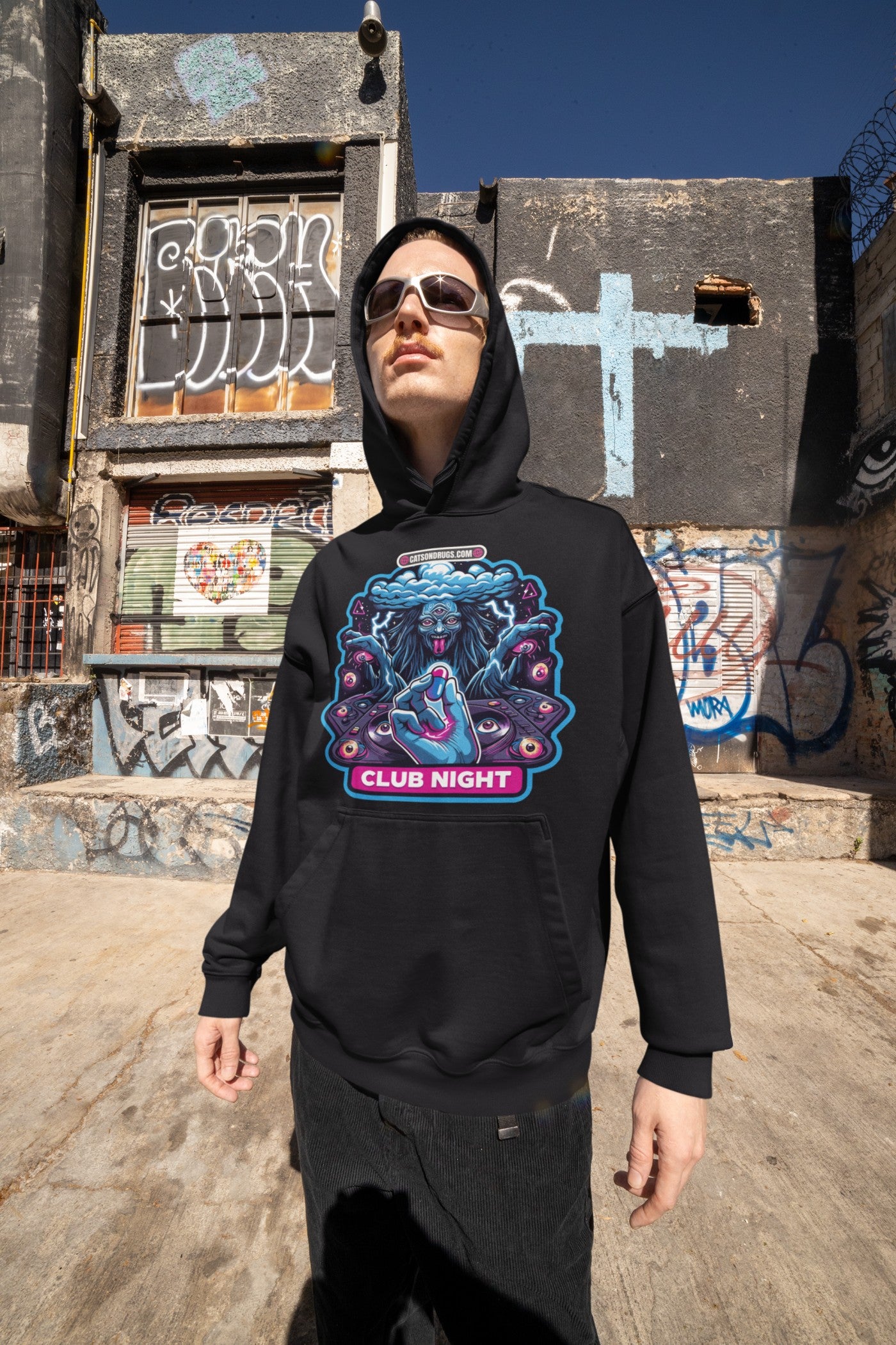 Underground Clothing Club Night Hoodie back view highlighting bold rave-ready design