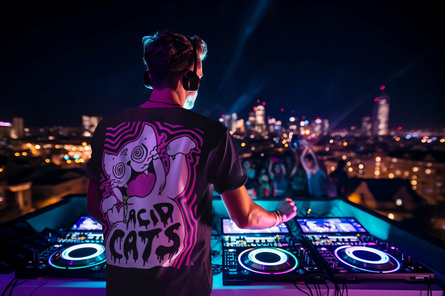 Unisex acid fashion T-shirt featuring vivid psychedelic cat motif