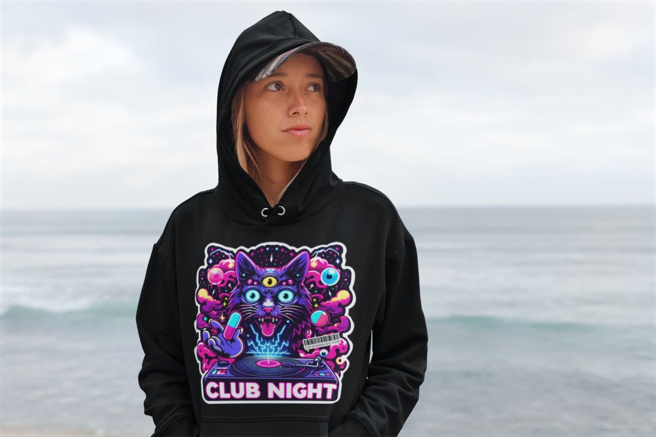 Unisex model wearing Acid Clothing Club Night Hoodie in urban street setting