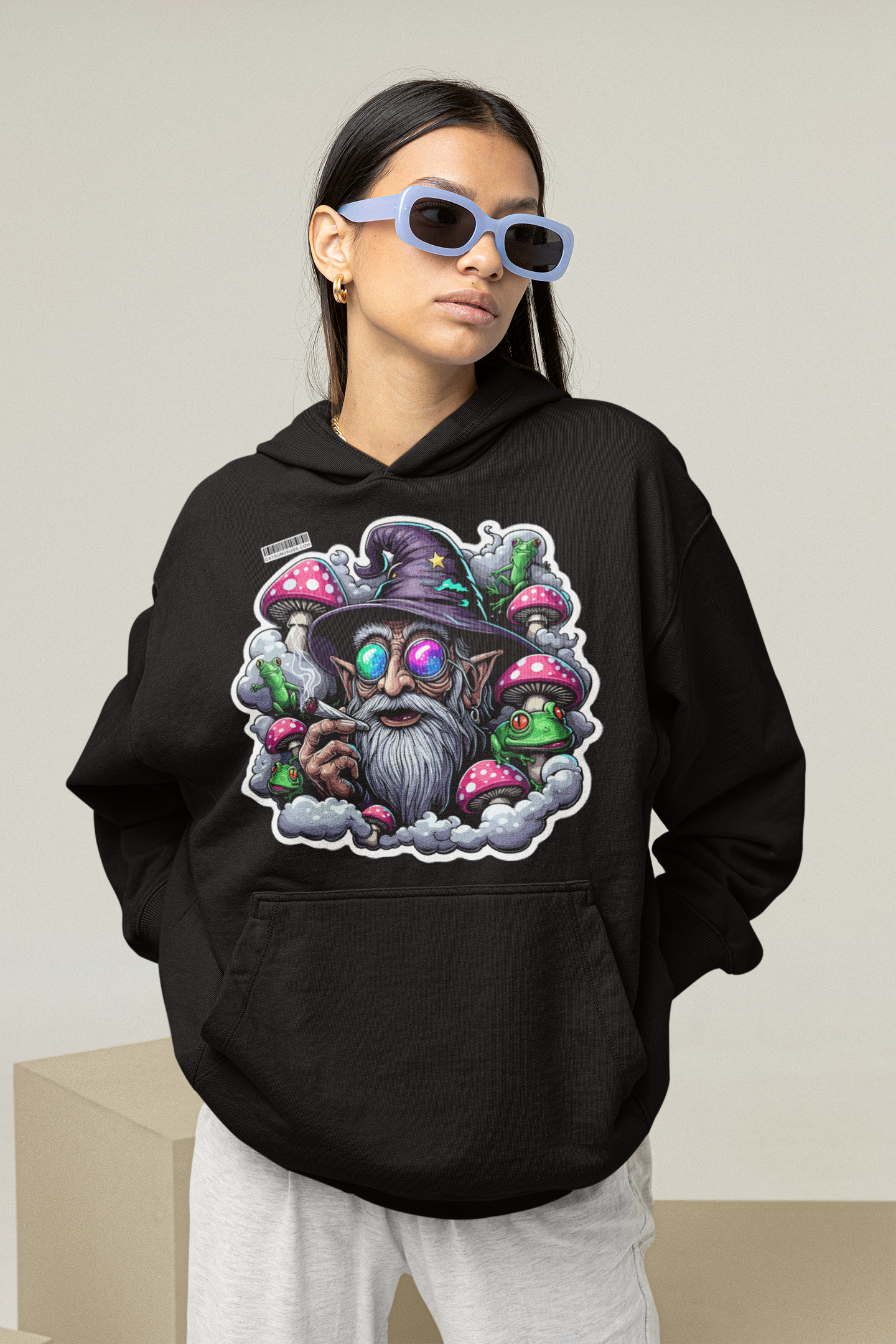 Wizard-themed trippy hoodie with vivid psychedelic design