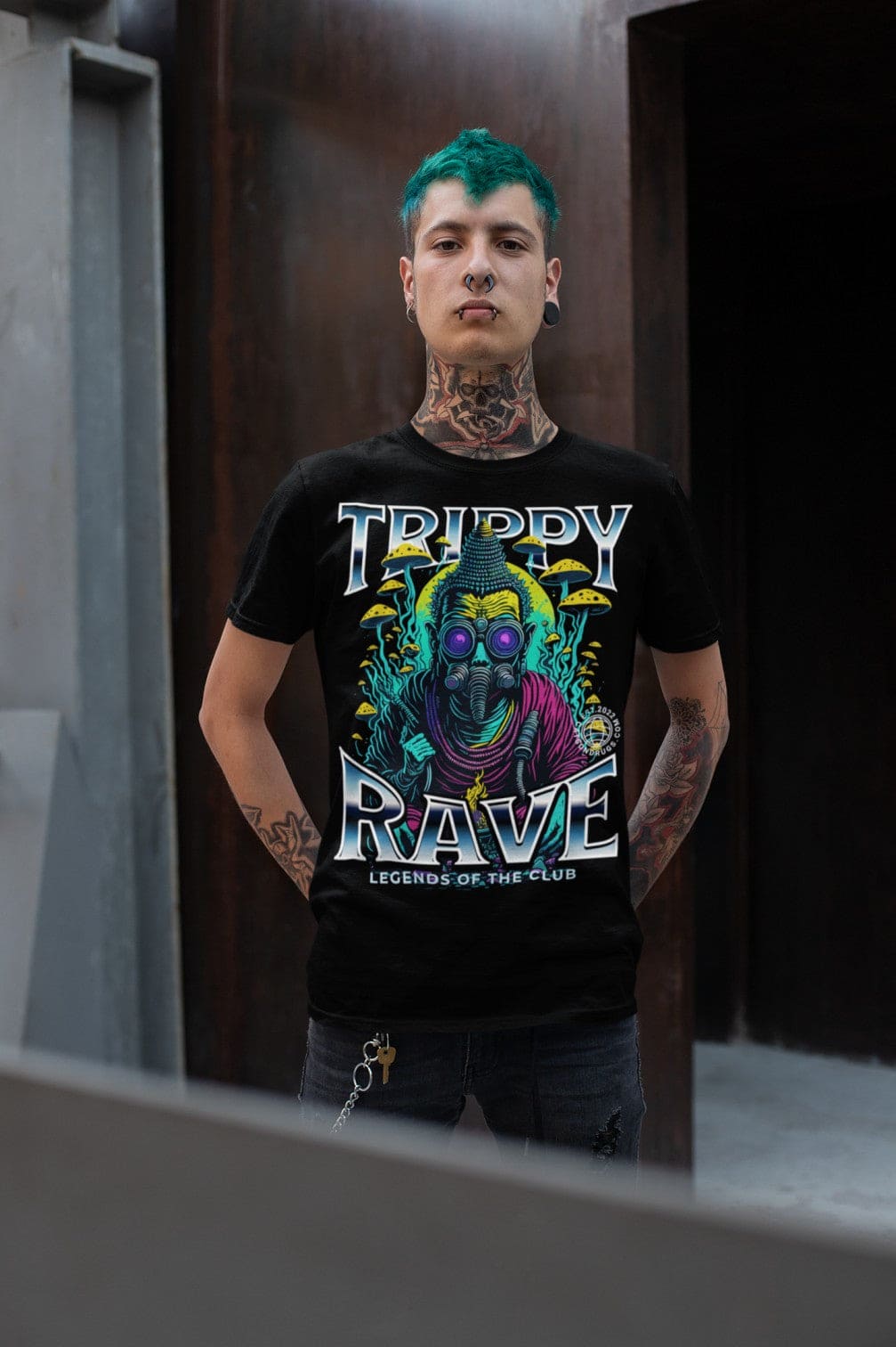 Close-up of psychedelic Buddha print on EDM Tee
