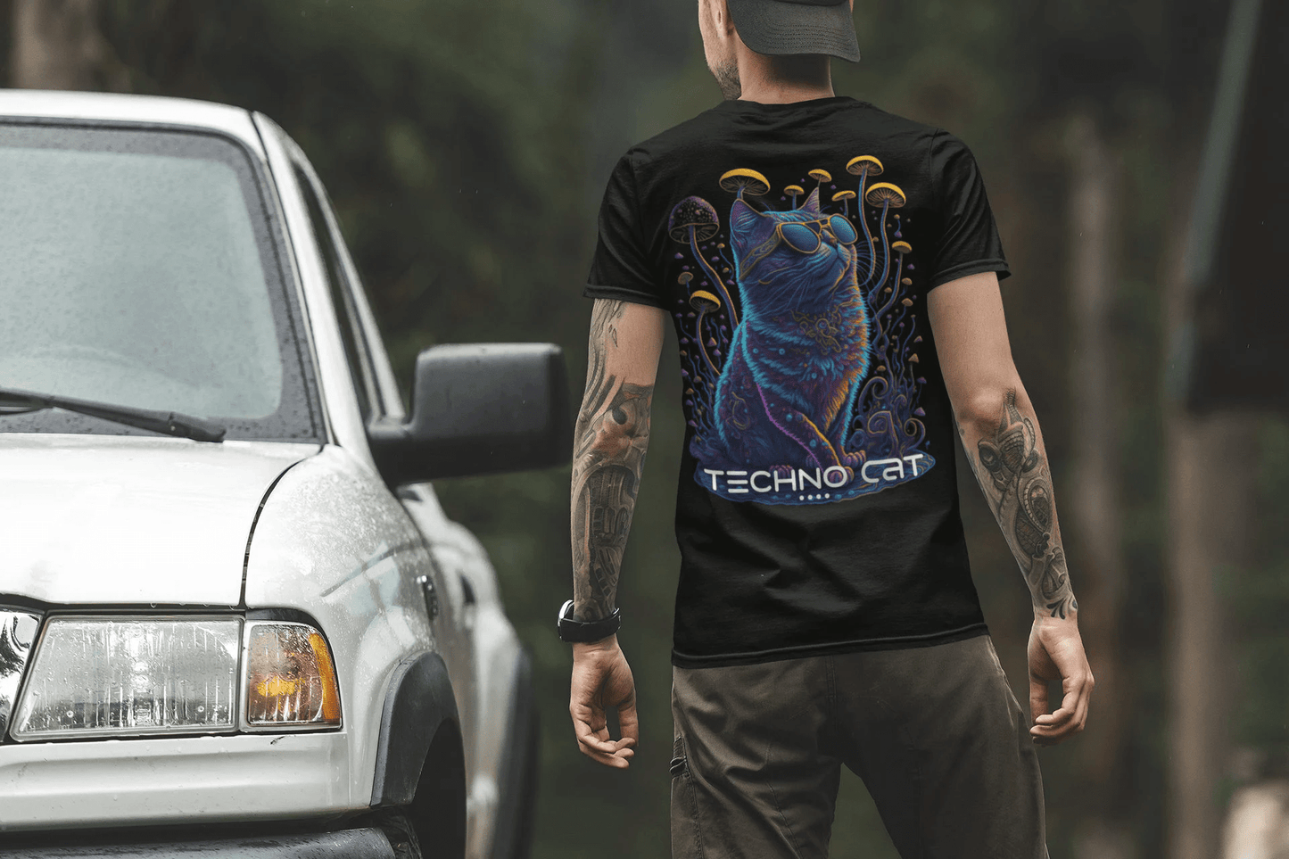trippy cat art printed on unisex cotton shirt