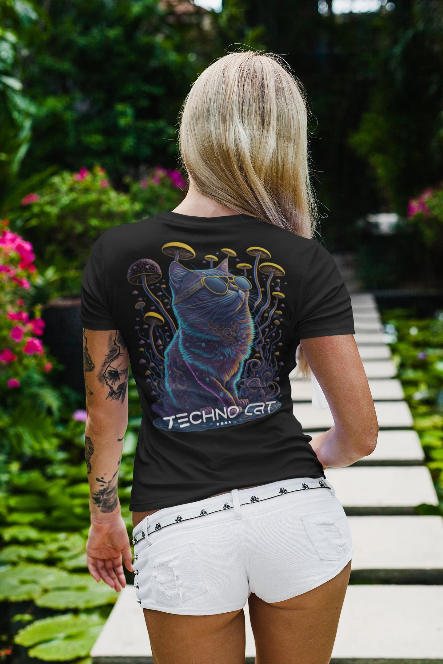 Psychedelic techno cat rave shirt on model