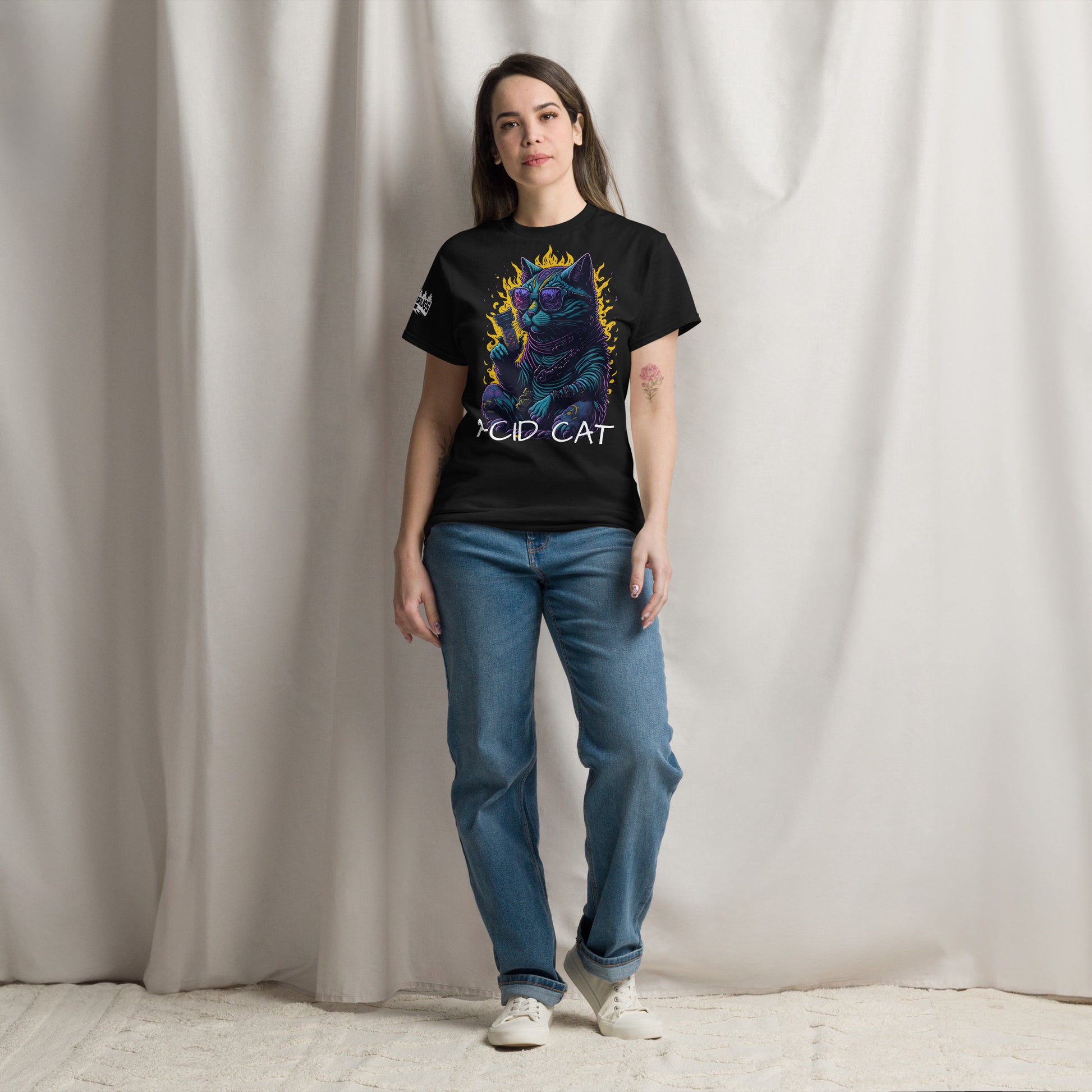 Acid T-Shirt front view featuring vibrant trippy cat design