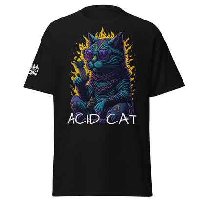 Acid T-Shirt with psychedelic cat graphic on white background