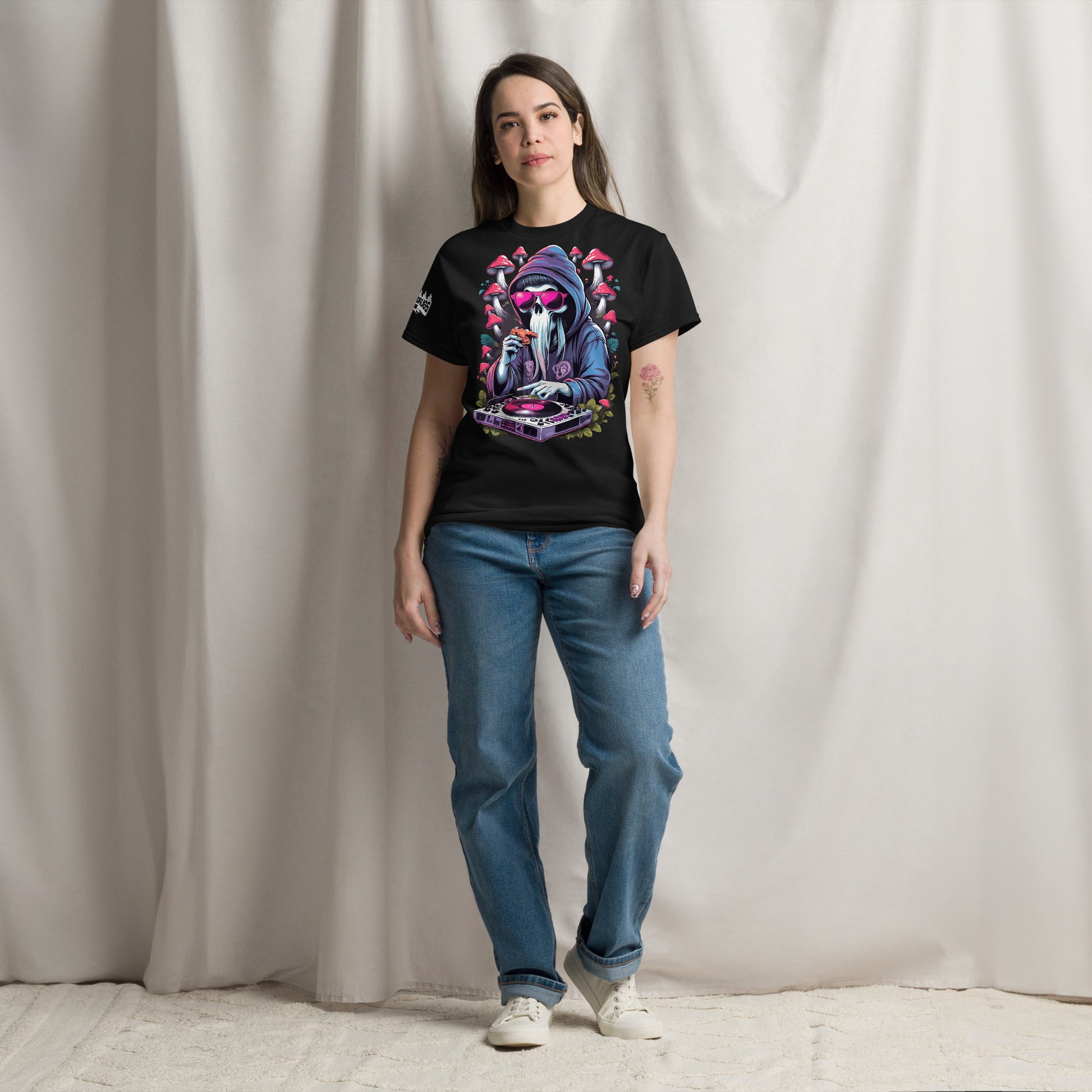 Back side of DJ T-shirt flat lay image