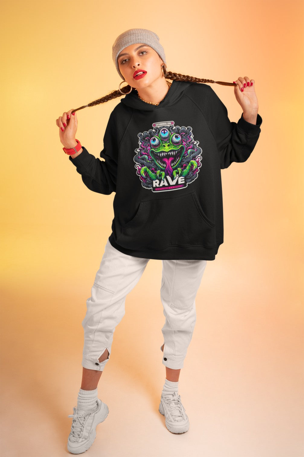 Back view of DJ Clothing hoodie showing oversized streetwear fit 