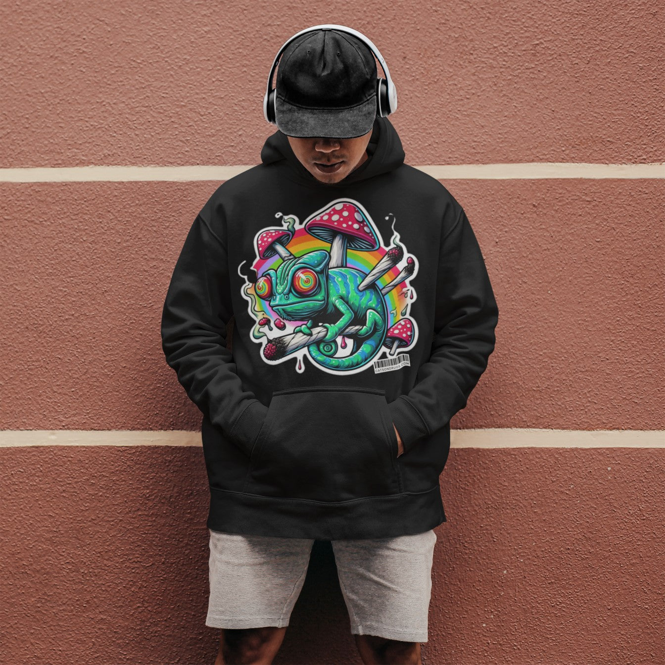 Back view of Trippy Wear hoodie showcasing trippy chameleon artwork