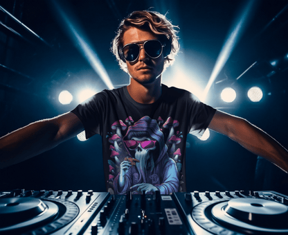 Close-up of DJ T-shirt ghost EDM artwork print