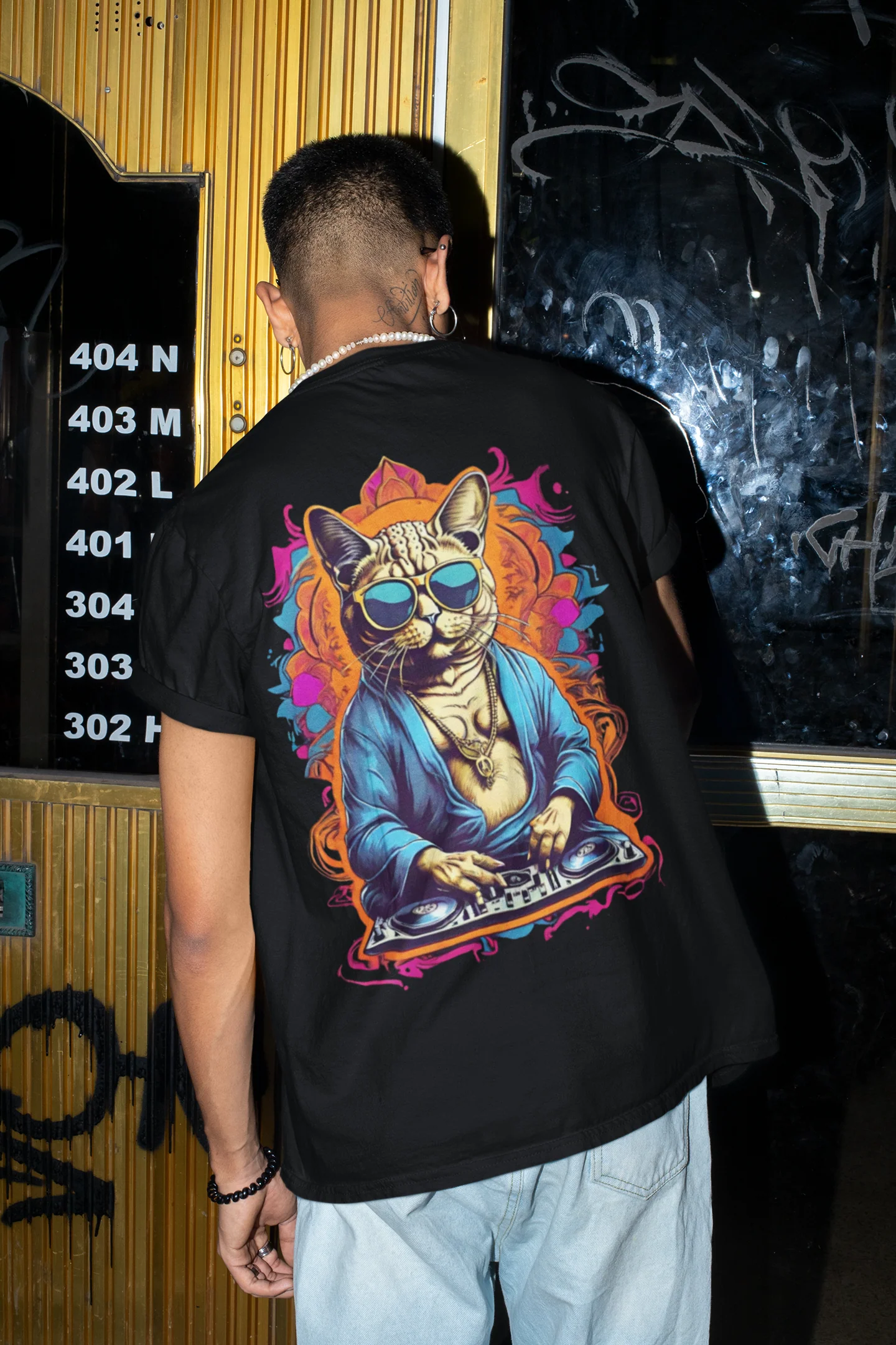 Colorful Psychedelic Wear t-shirt featuring Buddha Cat artwork