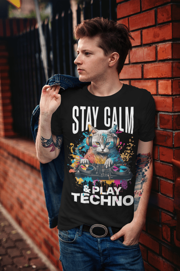 EDM outfit idea – techno-inspired rave cat shirt