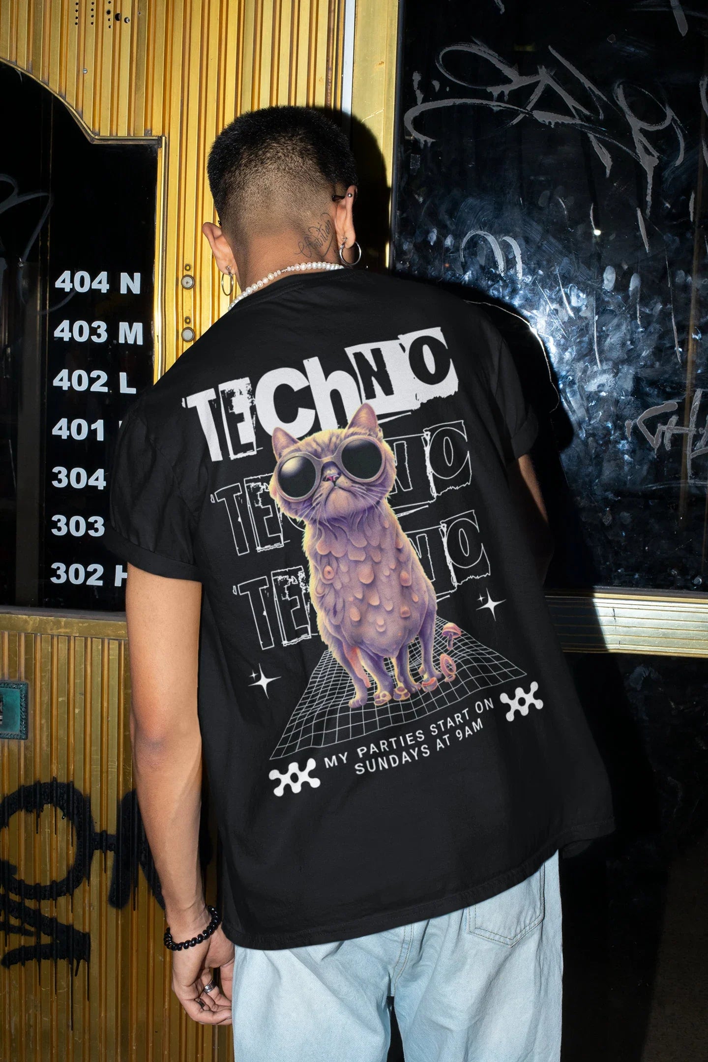 Festival-T-Shirt mit Techno Cat Print – Unisex Mode für die Techno Szene