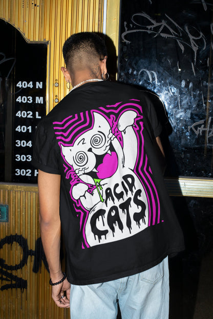 Festival-ready Acid Fashion acid cat shirt in vibrant neon print