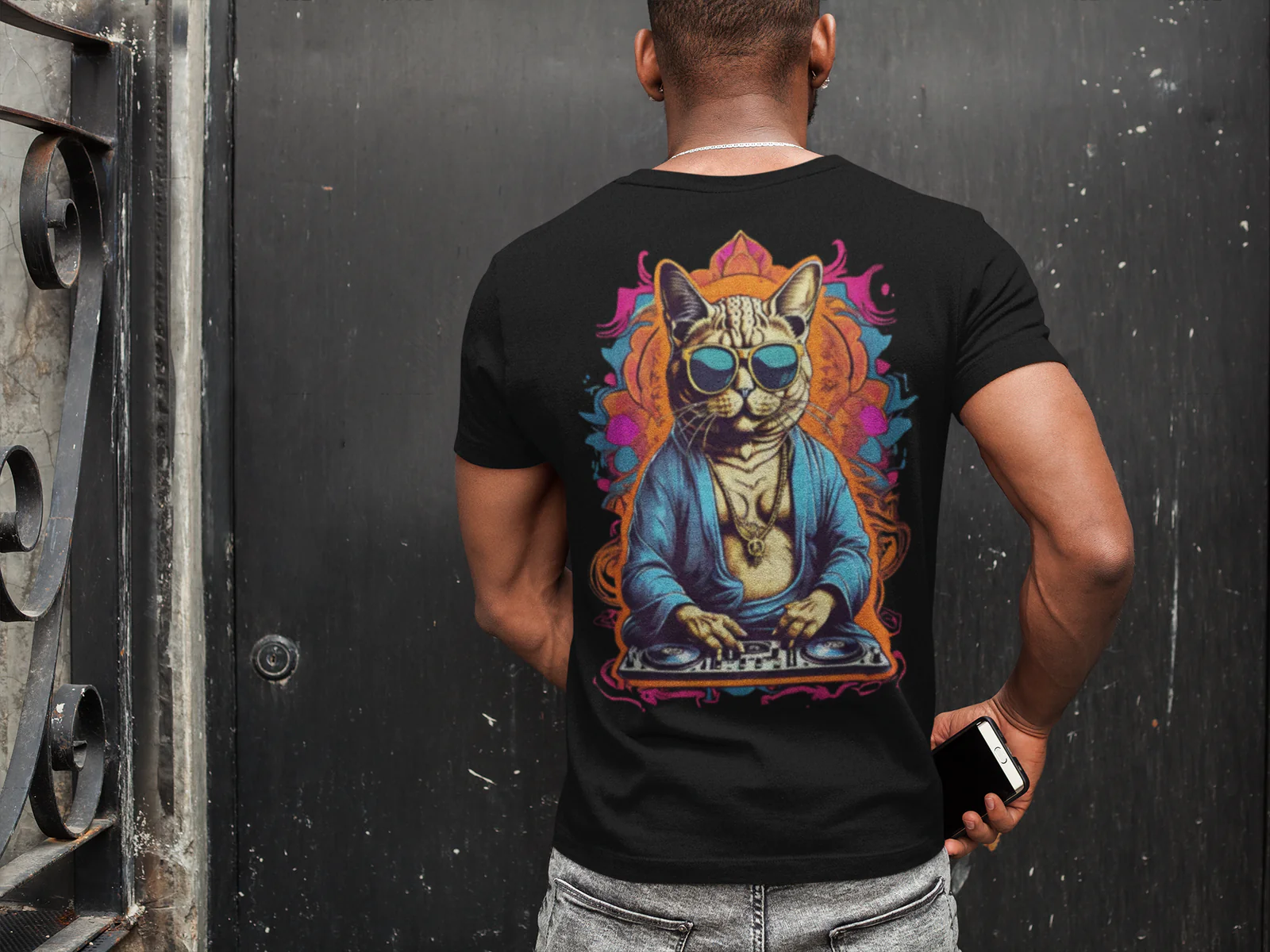 Festival-ready Psychedelic Wear Buddha Cat graphic tee