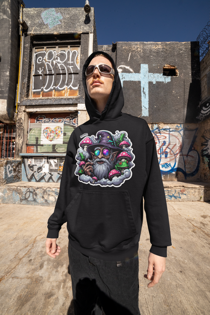 Festival-ready psychedelic hoodie featuring trippy wizard art