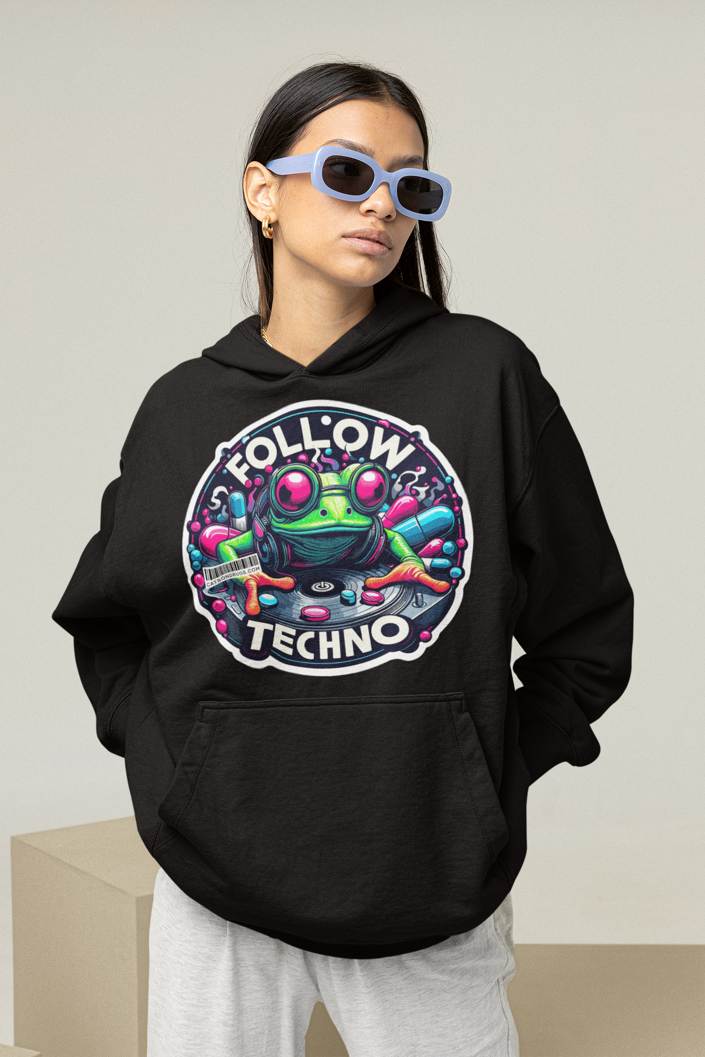 Festival Fashion Streetwear Hoodie with Techno Frog Print