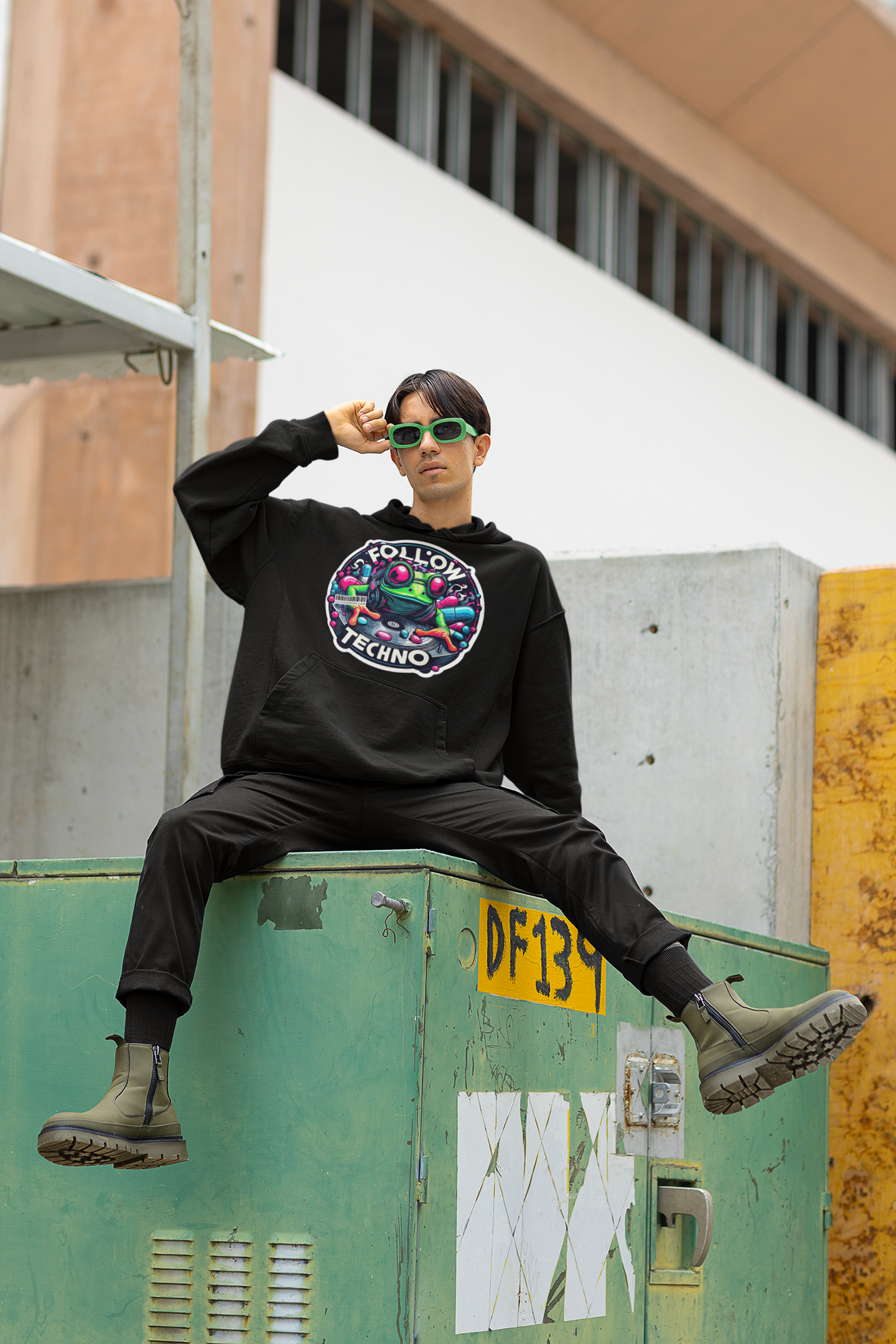 Festival Fashion Trippy Techno Frog Hoodie Back Design