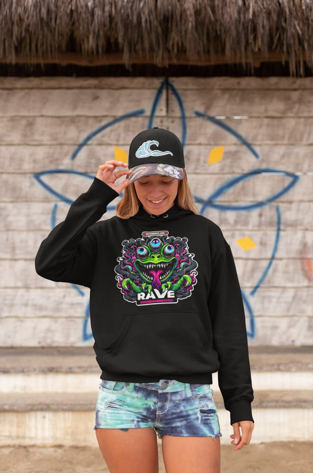 Flat lay of DJ Clothing Club Night Hoodie highlighting hood and pocket 