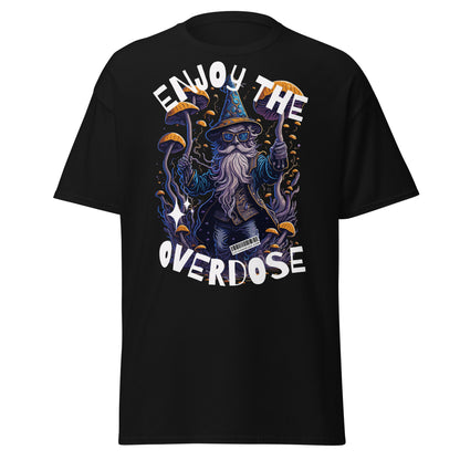 Front view of Catsondrugs Streetwear Tee Enjoy the Overdose design