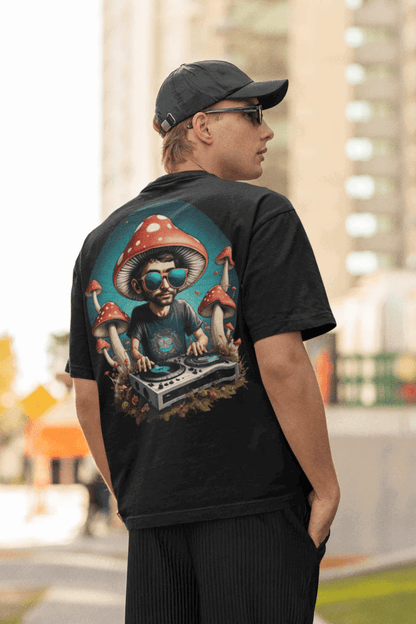 Front view of Mushroom DJ T-Shirt in EDM fashion collection
