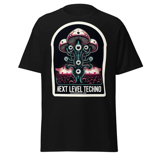 Front view of Next Level Techno Rave T-Shirt with bold graphic design
