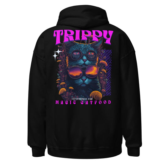 Front view of Trippy Hoodie Magic Cat Food with psychedelic art