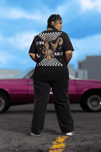 Lightweight EDM wear – fractal rave cat graphic T-shirt