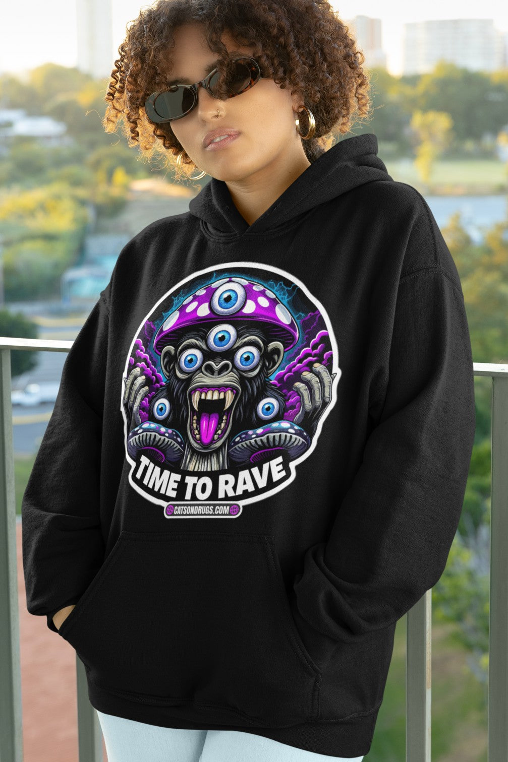 Model wearing Acid Outfit hoodie at rave
