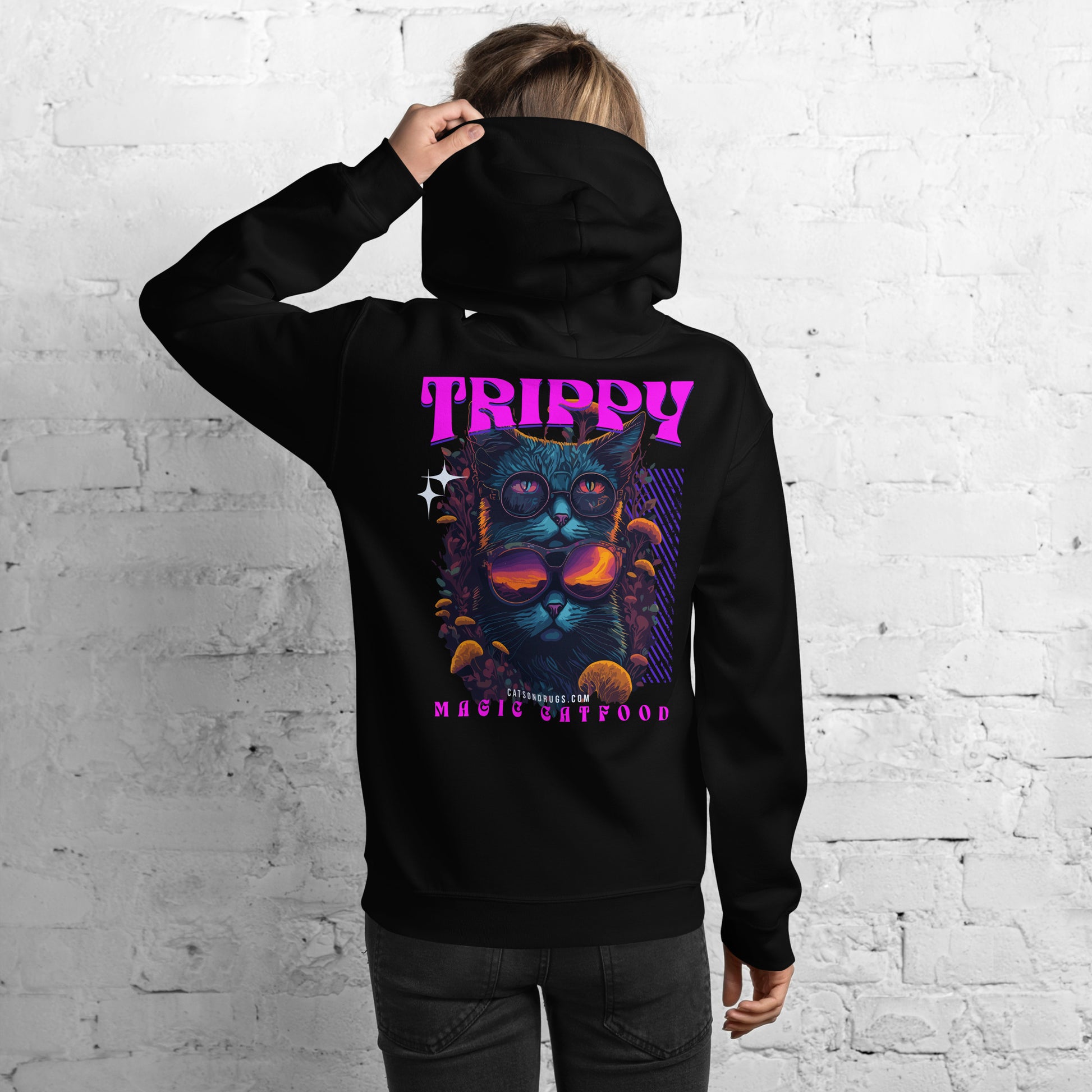 Model wearing the Trippy Hoodie Trippy Fashion at rave