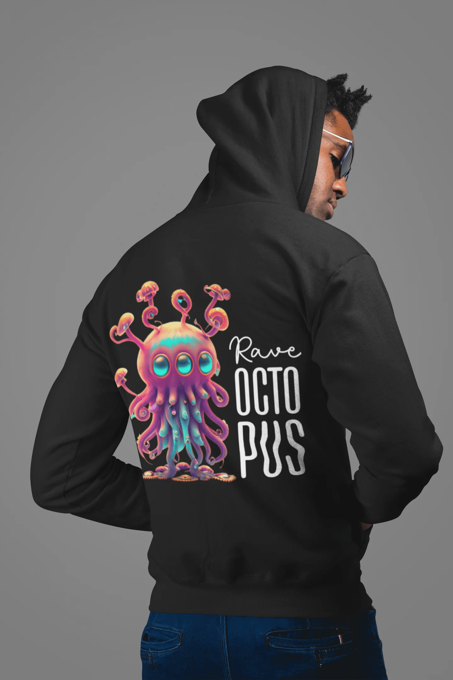 Psychedelic Rave Octopus Hoodie for Men from catsondrugs.com