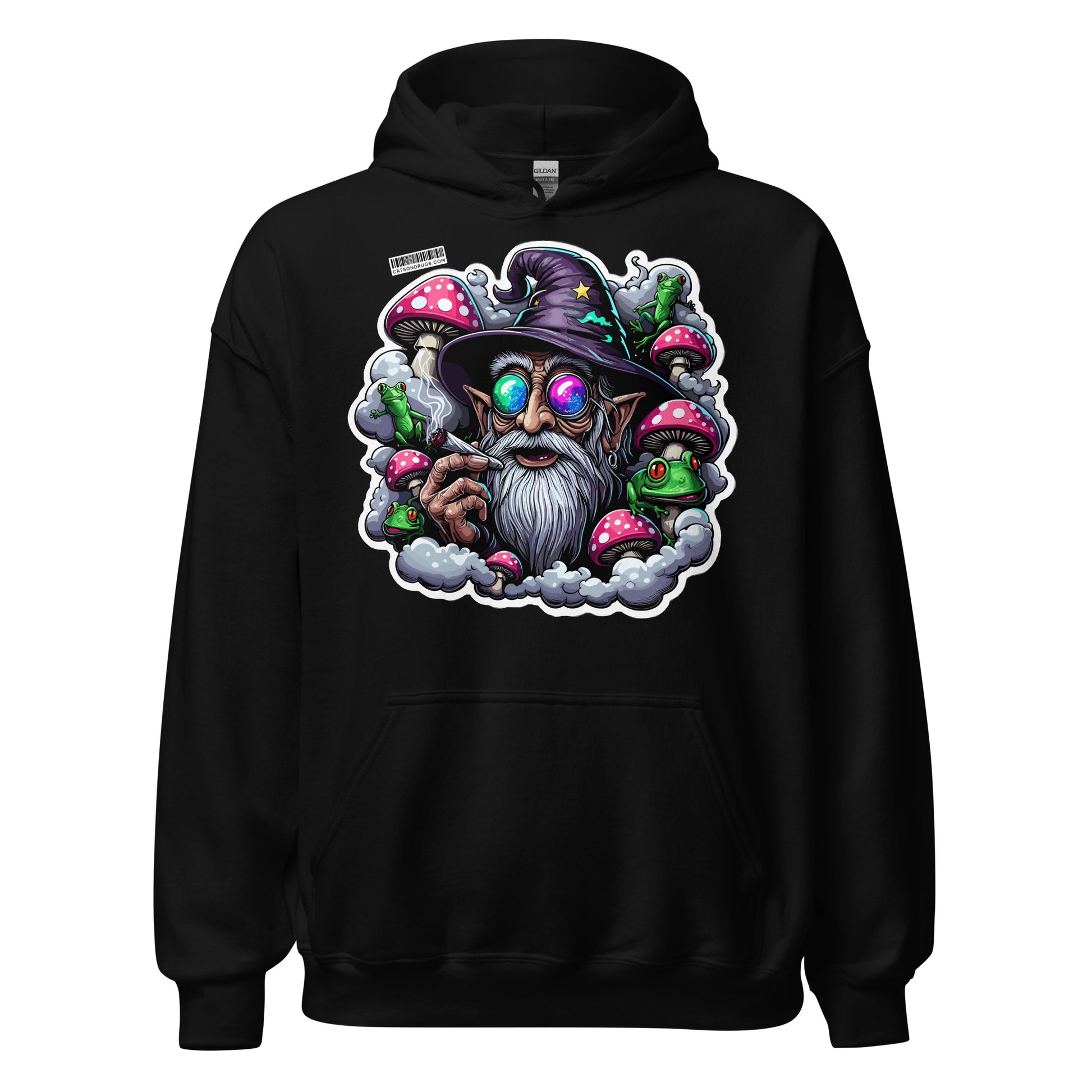 Psychedelic hoodie with trippy wizard graphic in neon colors