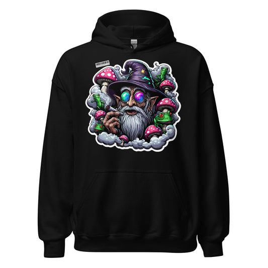 Psychedelic hoodie with trippy wizard graphic in neon colors