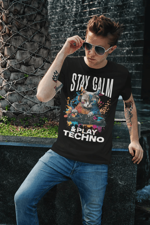 Rave Cat Techno Shirt men's from catsondrugs.com