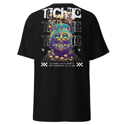 Schwarzes T-Shirt mit minimalistischer Techno-Katze – schlichte Mode für Techno-Fans“