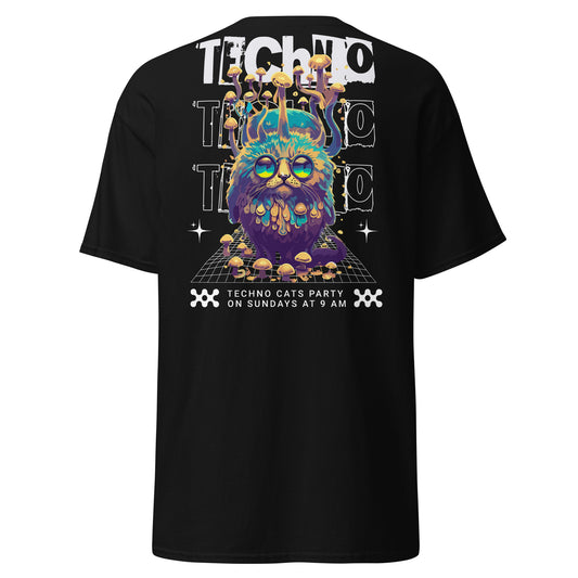 Schwarzes T-Shirt mit minimalistischer Techno-Katze – schlichte Mode für Techno-Fans“