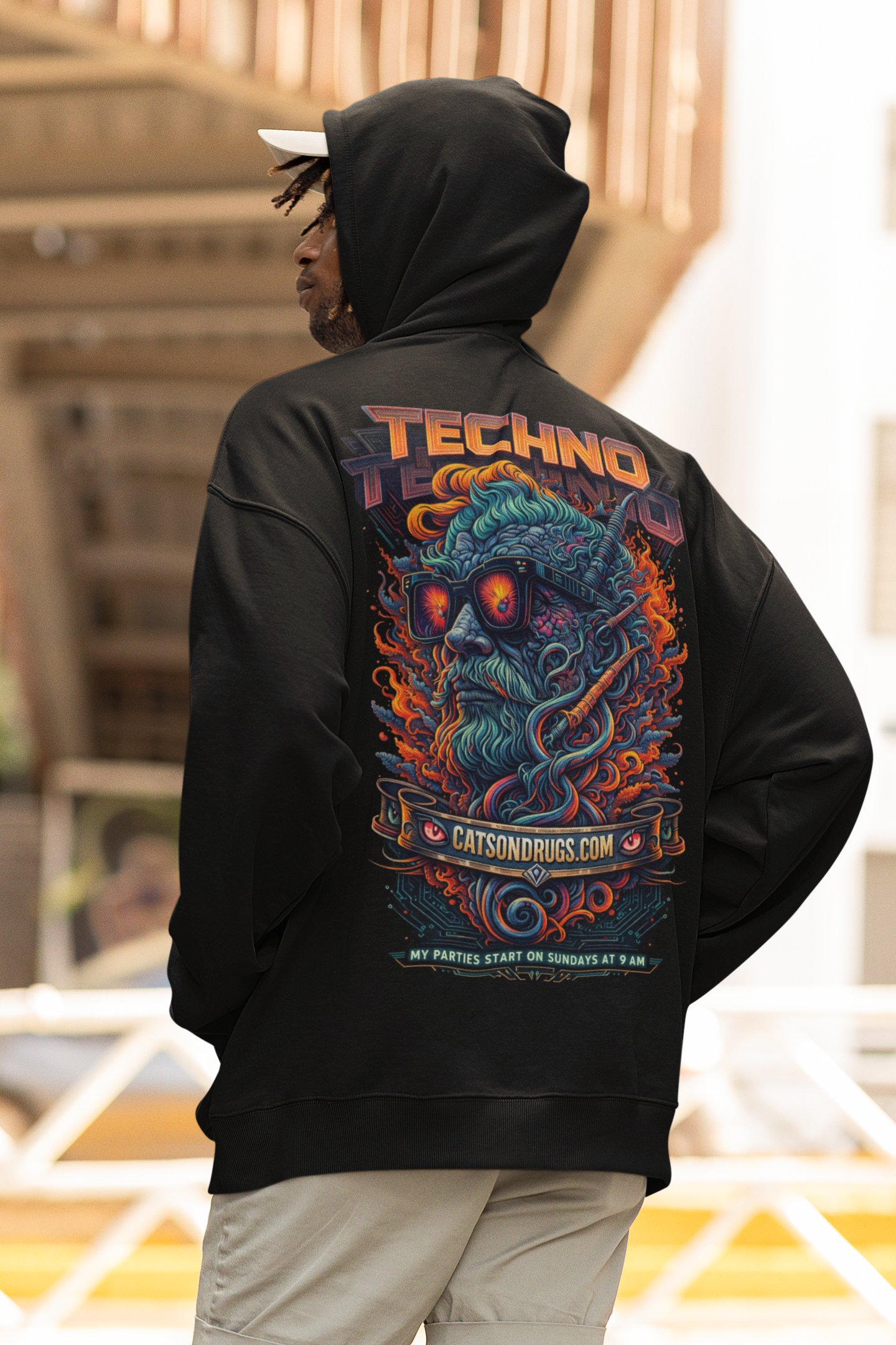 Sudadera techno negra con estetica underground clubbing