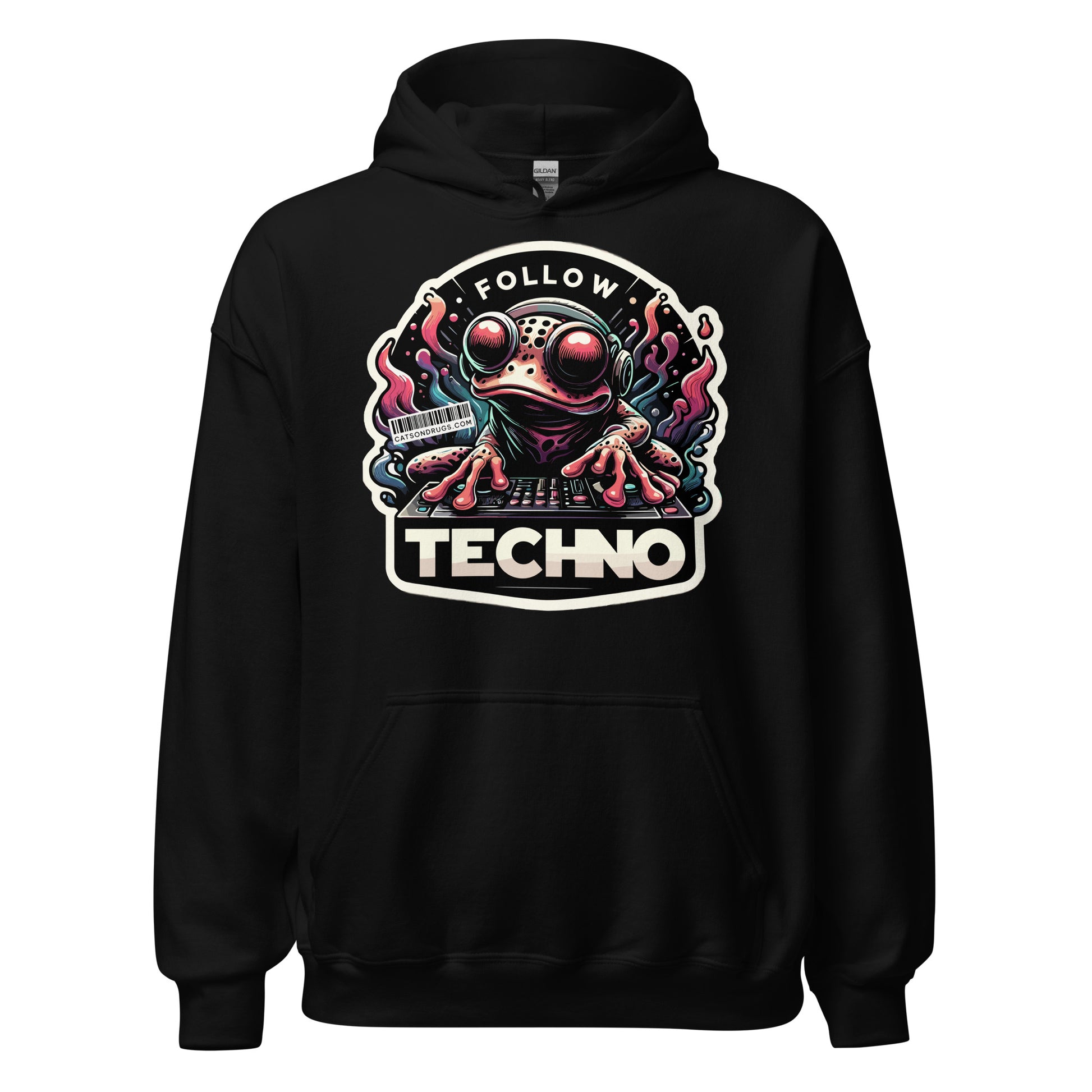 Trance Clothing Techno Frog Hoodie front view with neon psychedelic frog design  