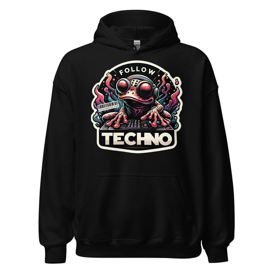 Trance Clothing Techno Frog Hoodie front view with neon psychedelic frog design  