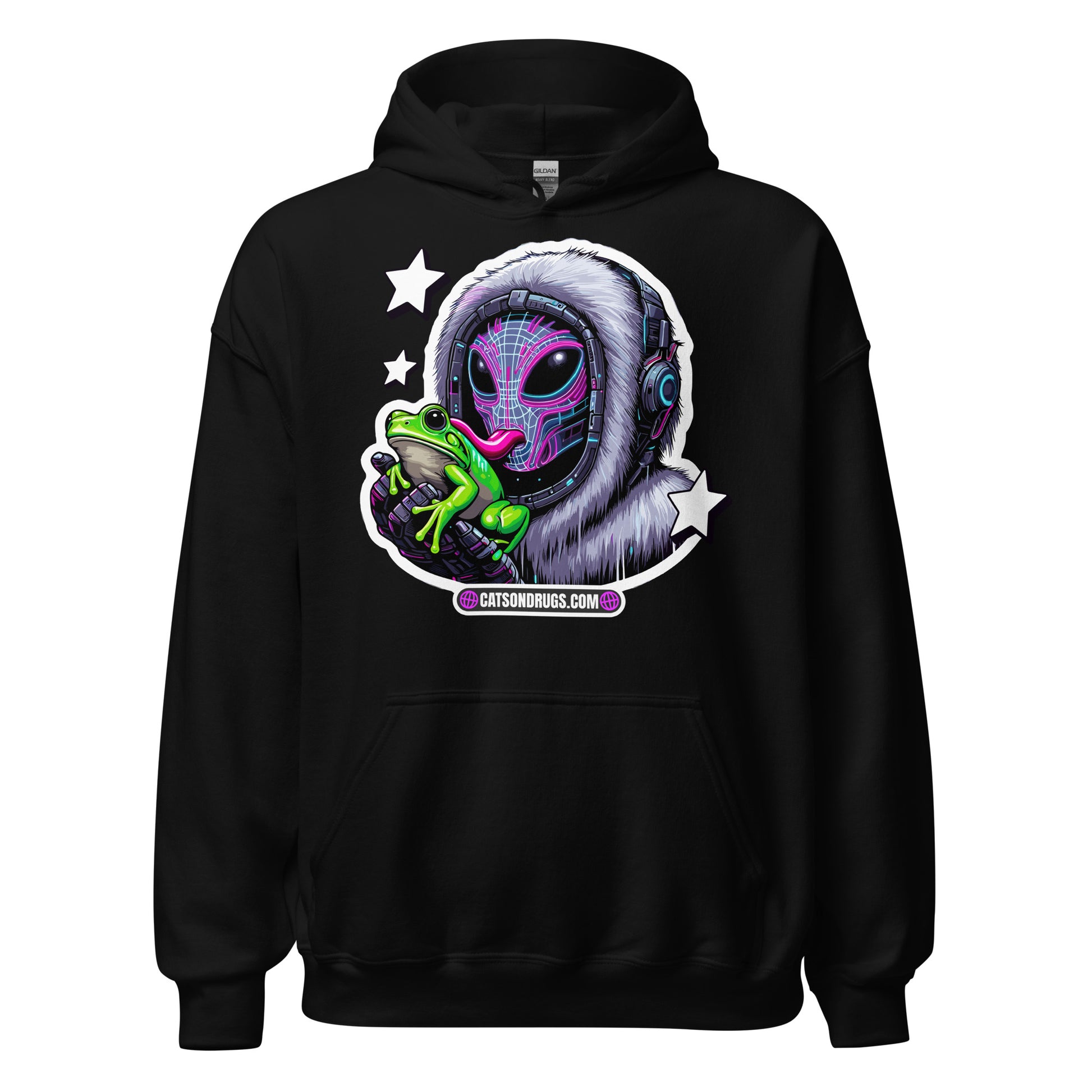Trippy Clothing Alien Frog Wear hoodie front view with psychedelic alien frog design