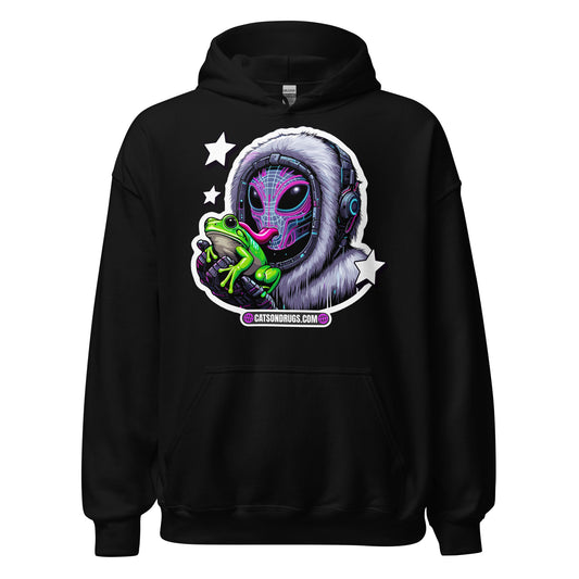 Trippy Clothing Alien Frog Wear hoodie front view with psychedelic alien frog design
