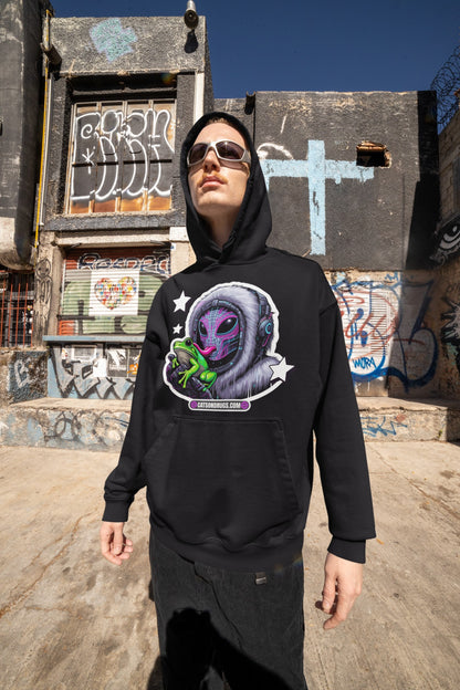 Trippy Clothing hoodie displayed flat with vibrant cosmic frog graphic