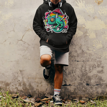 Trippy Wear Trippy Chameleon Hoodie lifestyle shot under vibrant lights