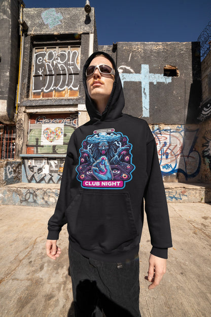Underground Clothing Club Night Hoodie back view highlighting bold rave-ready design