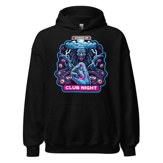 Underground Clothing Club Night Hoodie front view on black, with edgy techno streetwear print